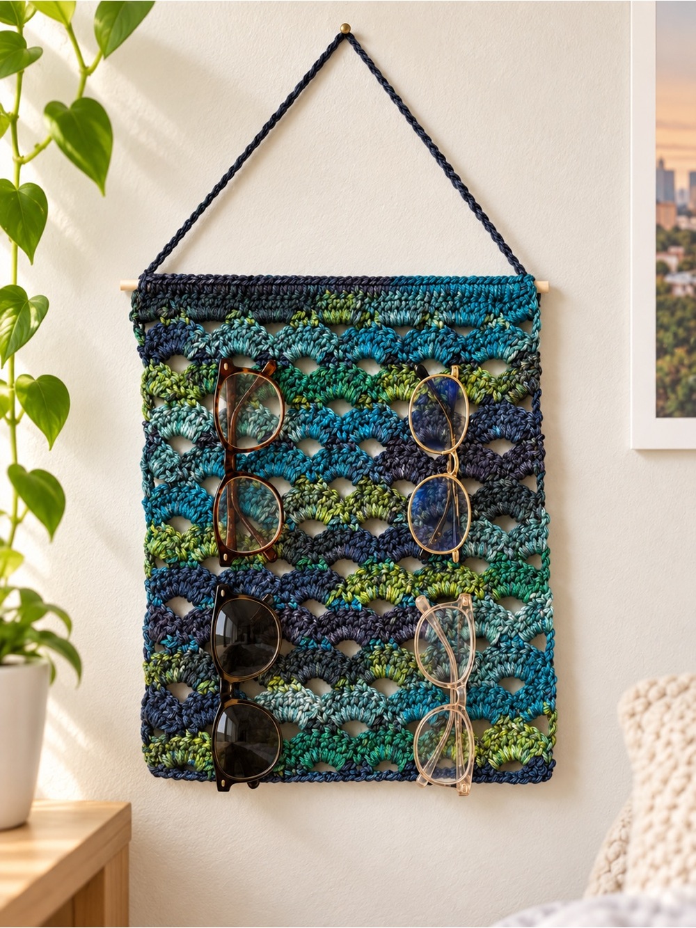 Handmade Crochet Wall Organizer | Glasses, Jewelry & Photo Display